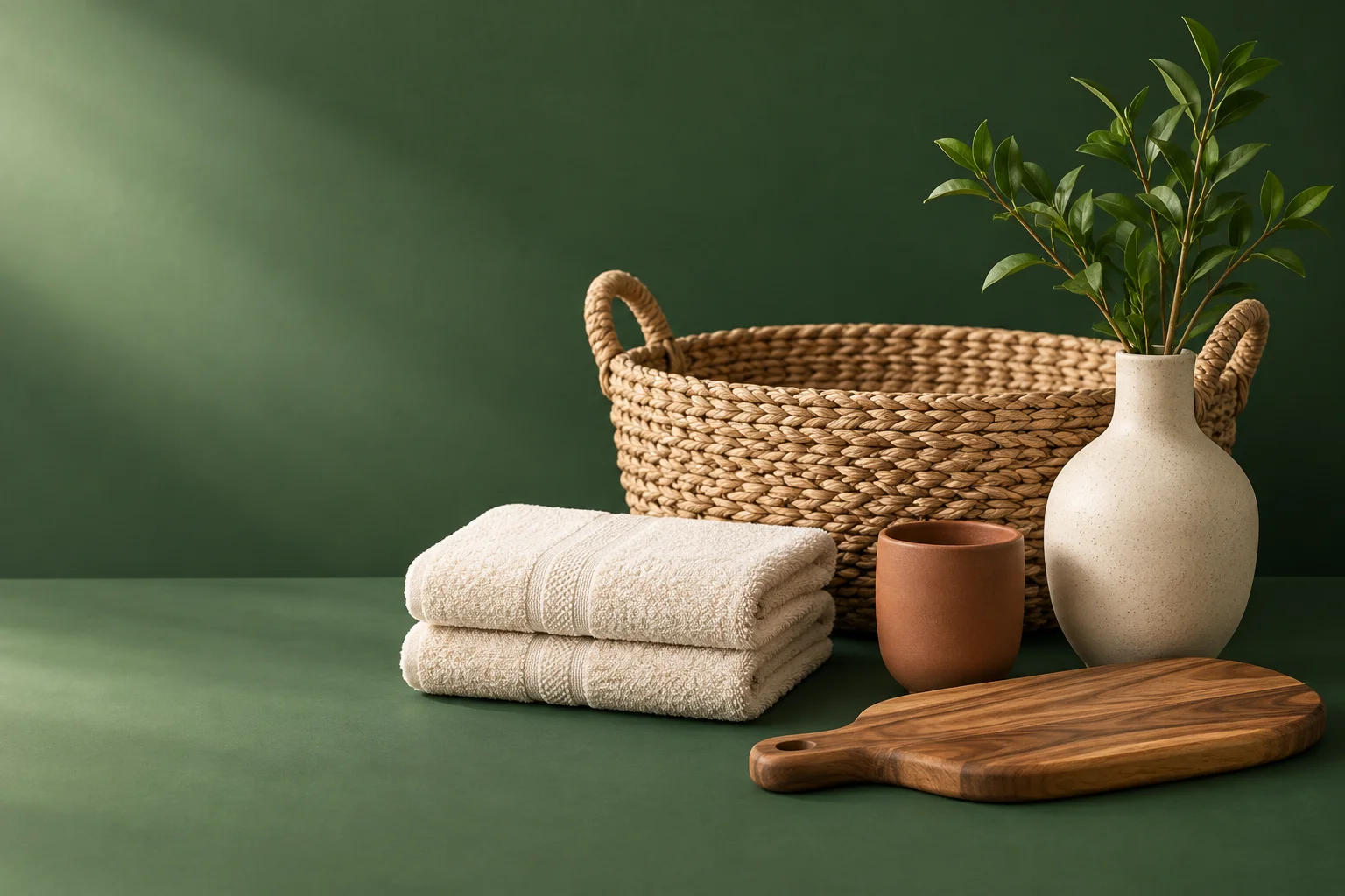 Woven basket, ceramic vase and soft linens in a green studio